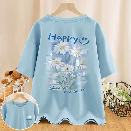 ZR真维斯短袖t恤女2023新款夏季 时尚洋气蓝色百搭宽松半袖女上衣商品大图