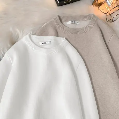 圆领毛衣男纯色白色内搭打底衫秋冬季一体绒加厚加绒针织衫毛线衣商品大图