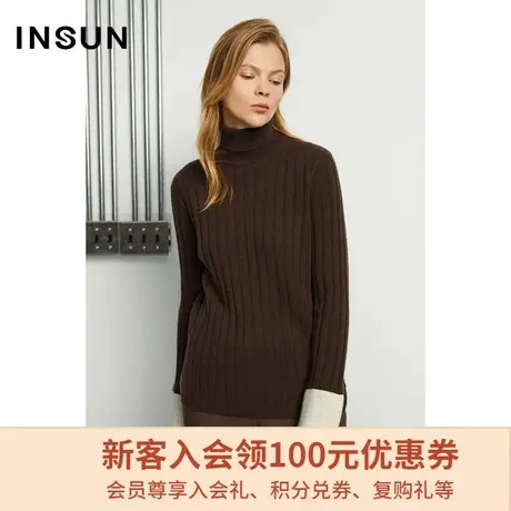 恩裳商场同款冬季简约撞色拼接高领修身毛针织衫女图片