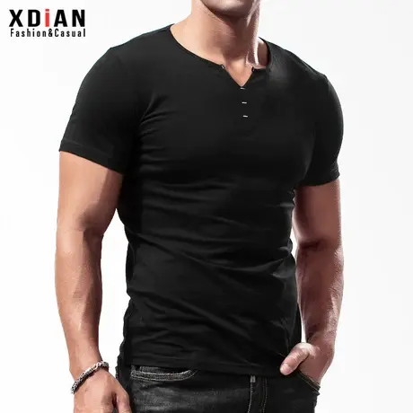 男士个性小V领修身短袖T恤夏季纯色纯棉打底衫弹力紧身体恤上衣潮商品大图