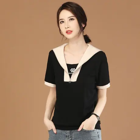 韩潮袭人海军领黑色短袖T恤女夏新款正肩体恤撞色上衣设计感小众商品大图