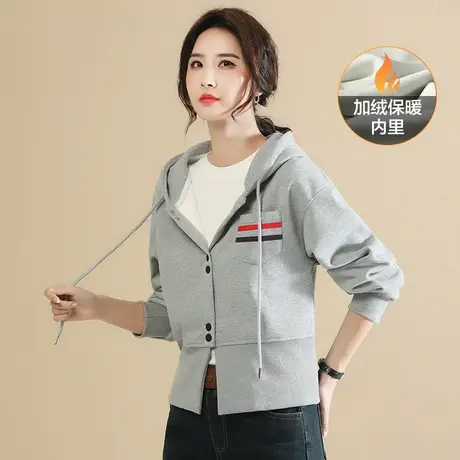 韩潮袭人连帽灰色加绒开衫卫衣女2023冬季新款时尚百搭拼接外套图片
