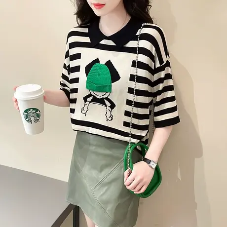polo领短袖t恤女2023新款夏季女装宽松条纹打底衫春秋款上衣体恤商品大图