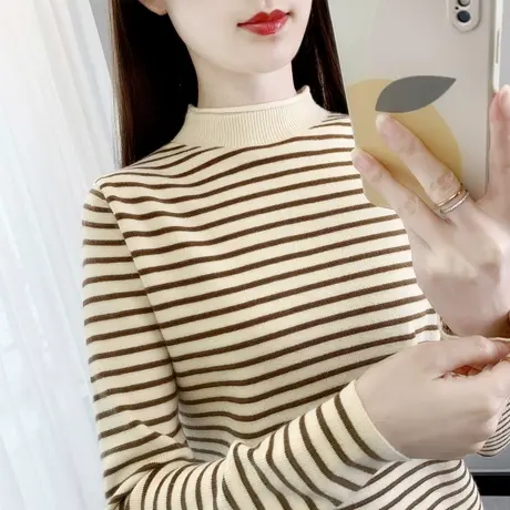 半高领毛衣女打底衫2023秋冬新款长袖上衣内搭短款中领条纹针织衫商品大图