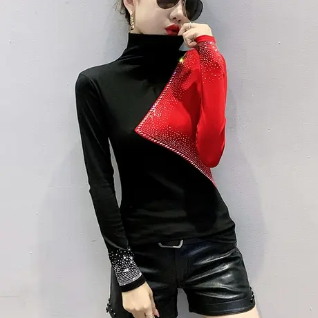 高领紧身内搭打底衫女春秋时尚烫钻T恤女长袖设计感撞色洋气上衣商品大图