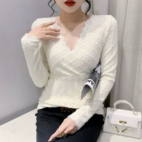 欧货植绒打底衫女秋冬气质性感V领蕾丝衫长袖加厚内搭显瘦上衣ins图片