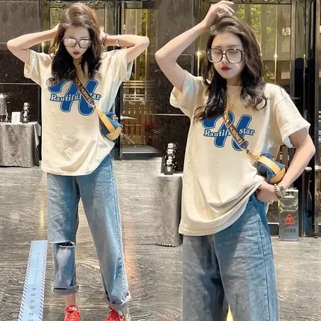 短袖T恤女纯棉2023夏季新款欧货宽松大版中长款正肩百搭ins潮上衣图片