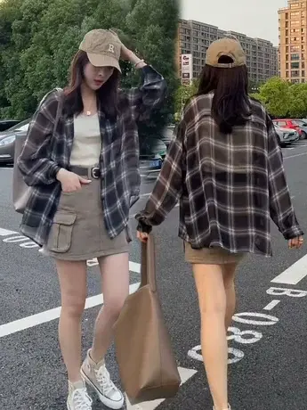 2023夏季新款薄款格纹防晒衬衫女胖mm宽松遮肉显瘦POLO领黑色上衣商品大图