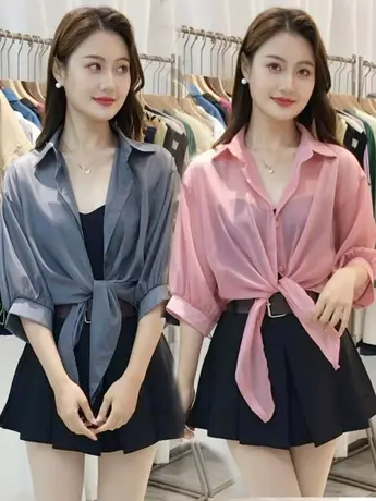 薄款防晒衬衫女夏季新款宽松蝙蝠开衫短款雪纺空调衫外搭小披肩潮图片