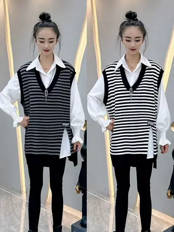 新款宽松针织马甲衬衫两件套百搭2023春V领韩版条纹坎肩甜美马夹商品大图