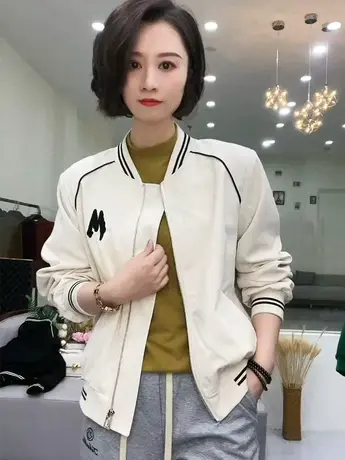港风简约字母印花拉链圆领长袖外套夹克女春季休闲小众棒球服上衣商品大图