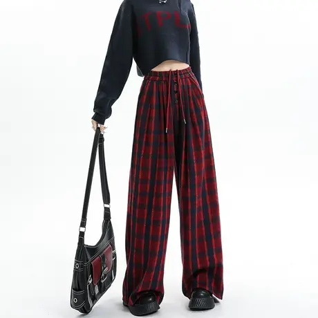 美式复古格子休闲裤女2023秋冬季新款高腰宽松显瘦直筒拖地阔腿裤图片