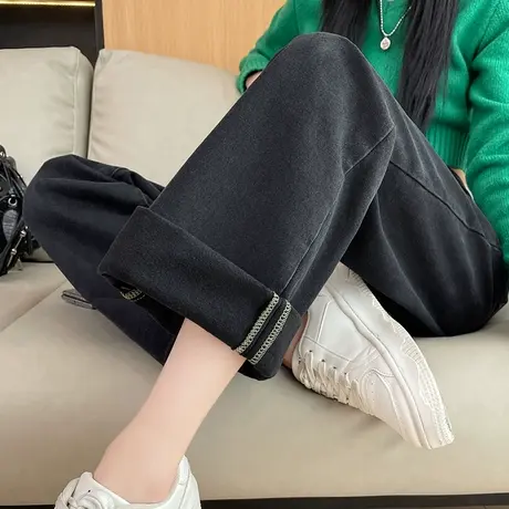 窄版阔腿牛仔裤女秋冬2024年新款黑色高腰宽松加绒加厚拖地直筒裤商品大图