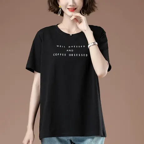 加肥加大码短袖t恤女夏季新款宽松中年妈妈纯棉圆领显瘦半袖体恤商品大图
