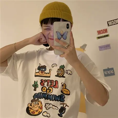 ins潮趣味涂鸦宽松上衣cec超火2023夏季新款韩版纯棉百搭短袖T恤图片