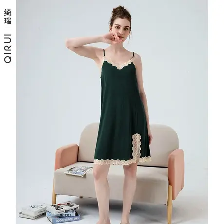 绮瑞带胸垫睡衣女夏莫代尔薄款睡裙女款夏季性感吊带蕾丝裙中长款商品大图