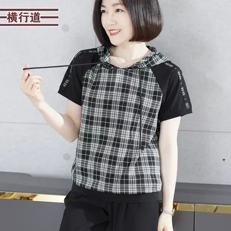 连帽格子插肩宽松短袖T恤女装2024新款夏装宽松抽绳外穿拼接上衣商品大图
