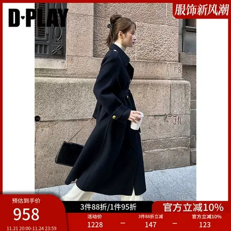 DPLAY年冬季新款藏青色大衣女100羊毛长款双面呢子毛呢外套图片