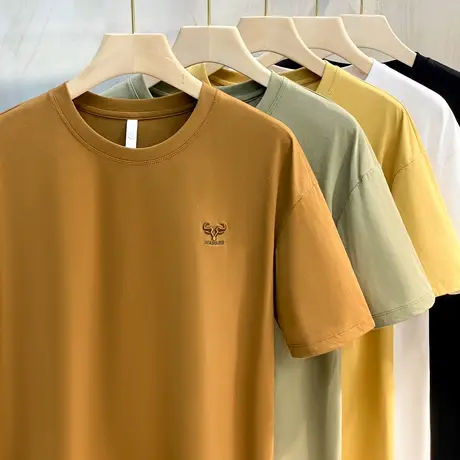 冰丝 新品纯色小刺绣T恤男士修身圆领上衣夏季简约休闲体恤打底衫商品大图