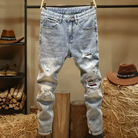大破洞补丁牛仔裤男弹力修身小脚裤潮牌猫须个性刮烂帅气乞丐裤子商品大图
