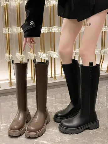 弹力平口不过膝长筒靴女粗跟小个子骑士靴后拉链显瘦高筒靴潮ins图片