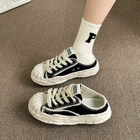 包头半拖女2023年春秋季新款小众ins懒人一脚蹬单鞋厚底百搭拖鞋商品大图