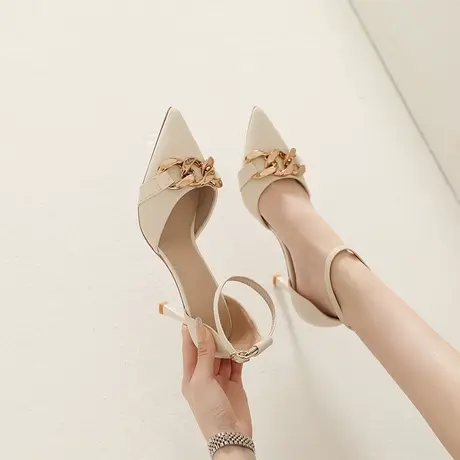 性感少女尖头单鞋女2024年春季新款气质一字带中空百搭细跟高跟鞋图片