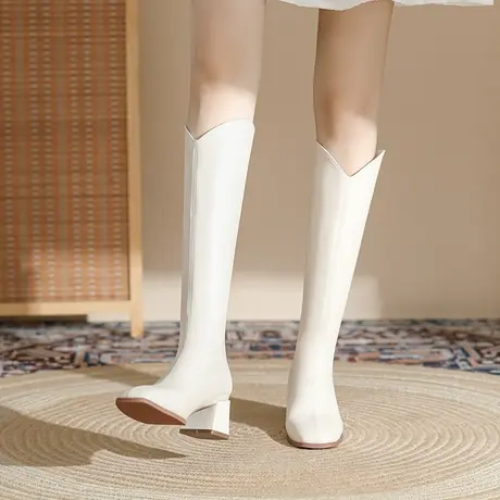 V口高跟长筒靴女2024新款秋冬方头粗跟不过膝长靴显瘦高筒骑士靴图片