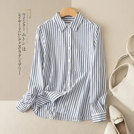 享永子条纹衬衫女文艺复古宽松休闲衬衣上衣春秋百搭气质2023新款商品大图