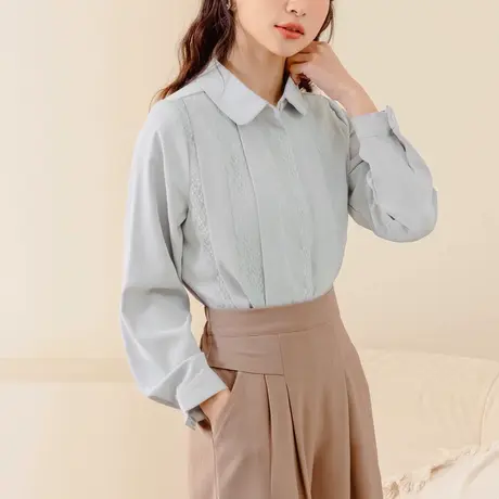 桔熊秋冬季通勤浪漫蕾丝拼接长袖压褶衬衫女装胖妹妹大码AB17851商品大图