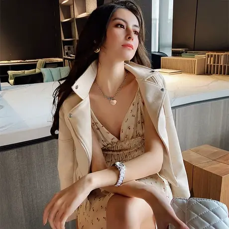 粉红大布娃娃2022复古风机车款仿麂皮绒夹克棕色短款酷飒外套新款图片