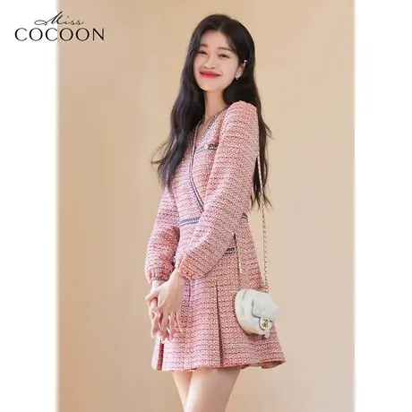 missCOCOON法式粉色小香风连衣裙女2023新款春季显瘦V领针织a字裙商品大图