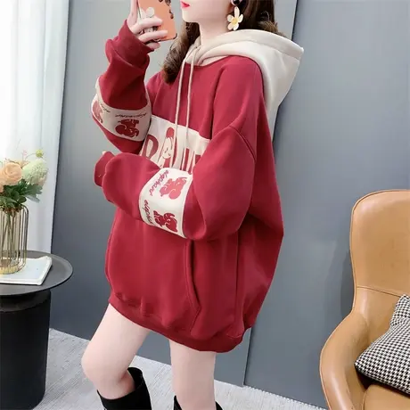 宽松慵懒风本命年红色加绒加厚连帽卫衣女秋冬季新款洋气减龄外套商品大图