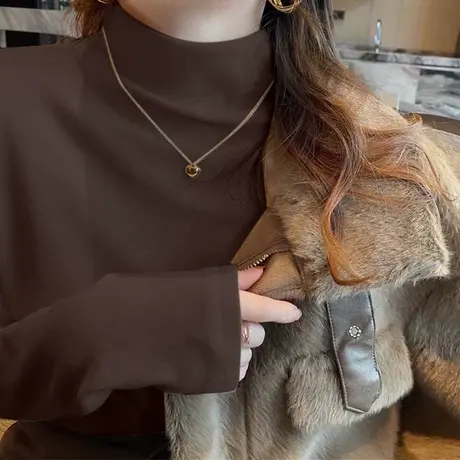 加绒加厚半高领长袖T恤女秋冬季双面德绒保暖上衣修身内搭打底衫商品大图