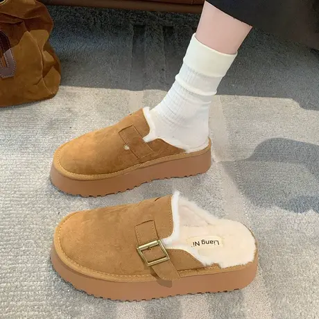 勃肯鞋棉拖女2023年新款厚底松糕冬季保暖棉鞋爆款外穿包头半拖鞋商品大图
