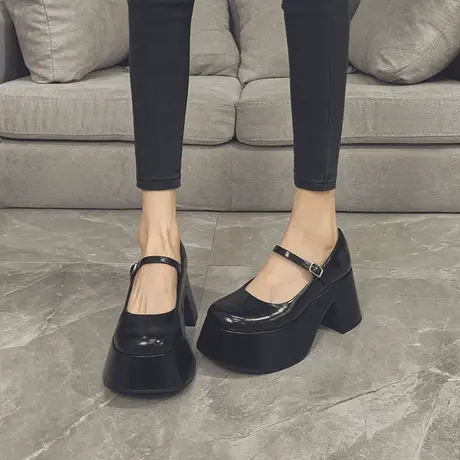 厚底玛丽珍鞋女2023秋冬新款复古时尚高跟单鞋法式浅口粗跟小皮鞋商品大图