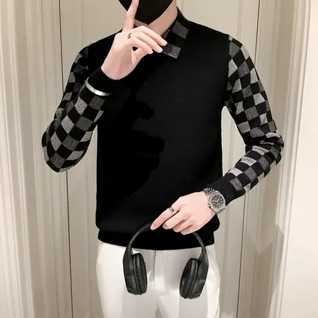 潮牌毛衣冬季针织衫格子领青年个性加厚套头潮流时尚休闲ins外套商品大图