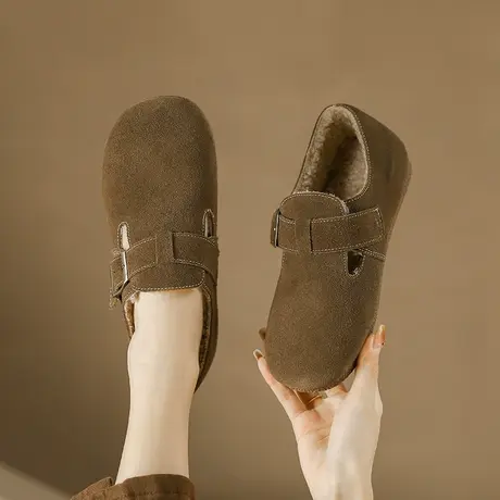 复古勃肯鞋女2024新款冬季加绒保暖全包棉鞋舒适平底一脚蹬毛毛鞋图片