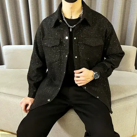 潮牌痞帅外套春秋季休闲褂子2023新款男装上衣潮流格子衬衫夹克商品大图