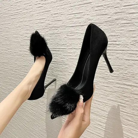 尖头女神范高跟鞋女2024年春季新款性感气质细跟毛毛浅口职业单鞋商品大图