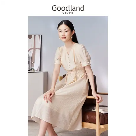 【天丝系列】Goodland美地女装2023夏季V领新中式收褶连衣裙商品大图