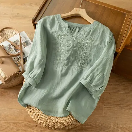 享永子七分袖刺绣苎麻衬衫女夏文艺复古宽松显瘦棉麻上衣2023新款图片