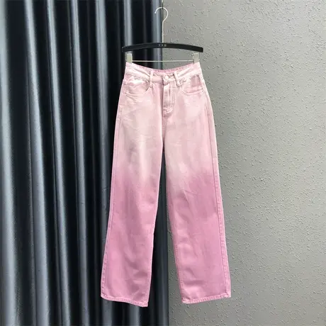 2024春季新款渐变粉色减龄设计感牛仔直筒裤女时尚高腰显瘦拖地裤图片