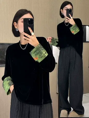 韩版时尚圆领拼接丝绒长袖小衫女2024春季新款百搭显瘦洋气上衣潮商品大图