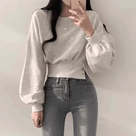 辣妹短款收腰下摆无帽卫衣女春秋薄款宽松百搭长袖设计感小众上衣商品大图