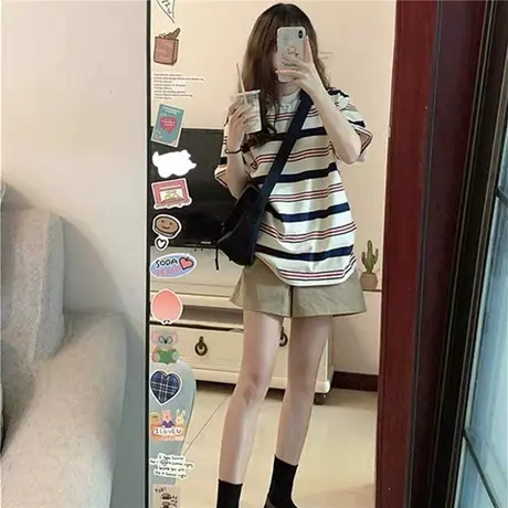 美式正肩条纹t恤短袖女宽松小众别致独特设计感上衣2024新款夏季商品大图
