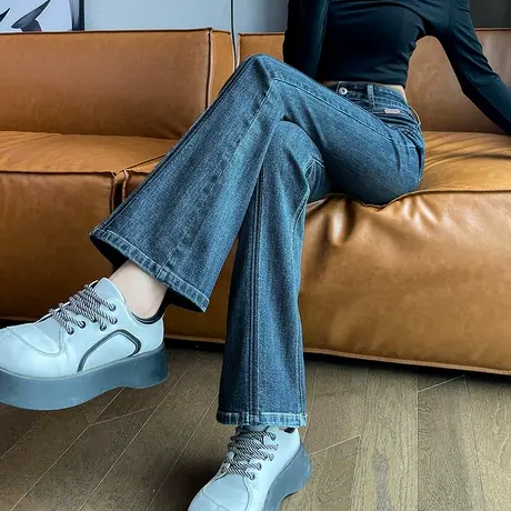 蓝色微喇牛仔裤女春秋新款2024高腰阔腿窄版直筒垂感显瘦拖地长裤商品大图