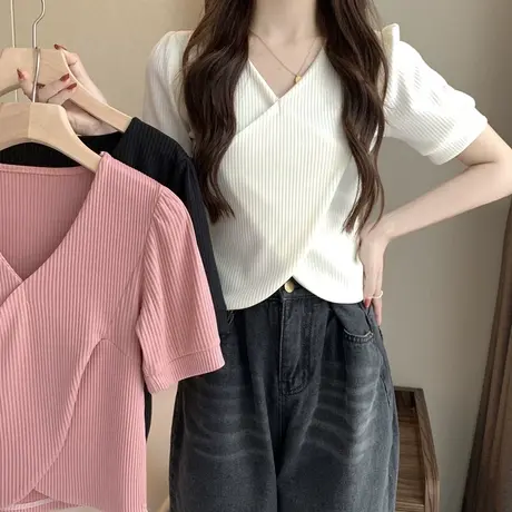 短款小个子短袖衬衫女春装交叉设计感小众百搭不规则修身上衣服潮图片