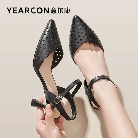 意尔康女鞋夏季包头凉鞋镂空透气细跟尖头高跟精致法式一字式扣带图片