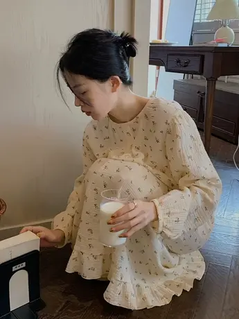 温柔棉纱睡裙纯棉碎花长袖连衣裙睡衣女 春秋家居服商品大图